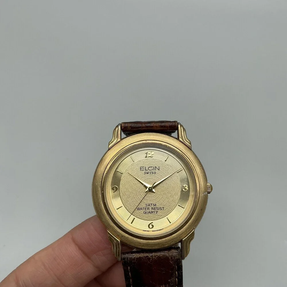 Elgin Swiss Mens Watch 36mm Gold Tone Brown Leather FLS30-040 New Battery